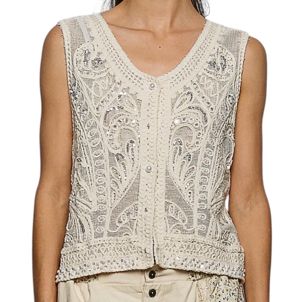 POL Crochet Pearl/Sequin Embellished V-Neck Sleeveless Cardigan Vest